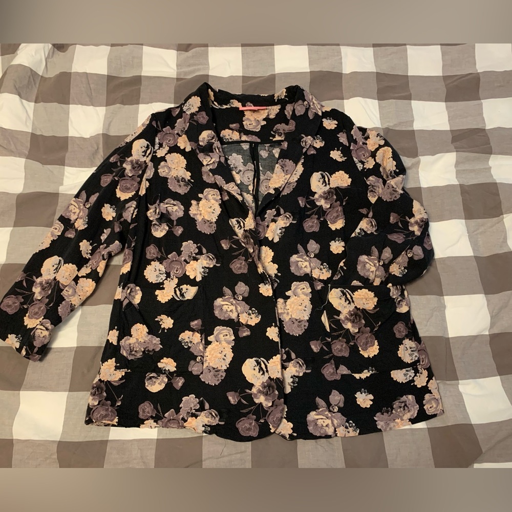 Woman Within lightweight black & purple floral blazer | 18W